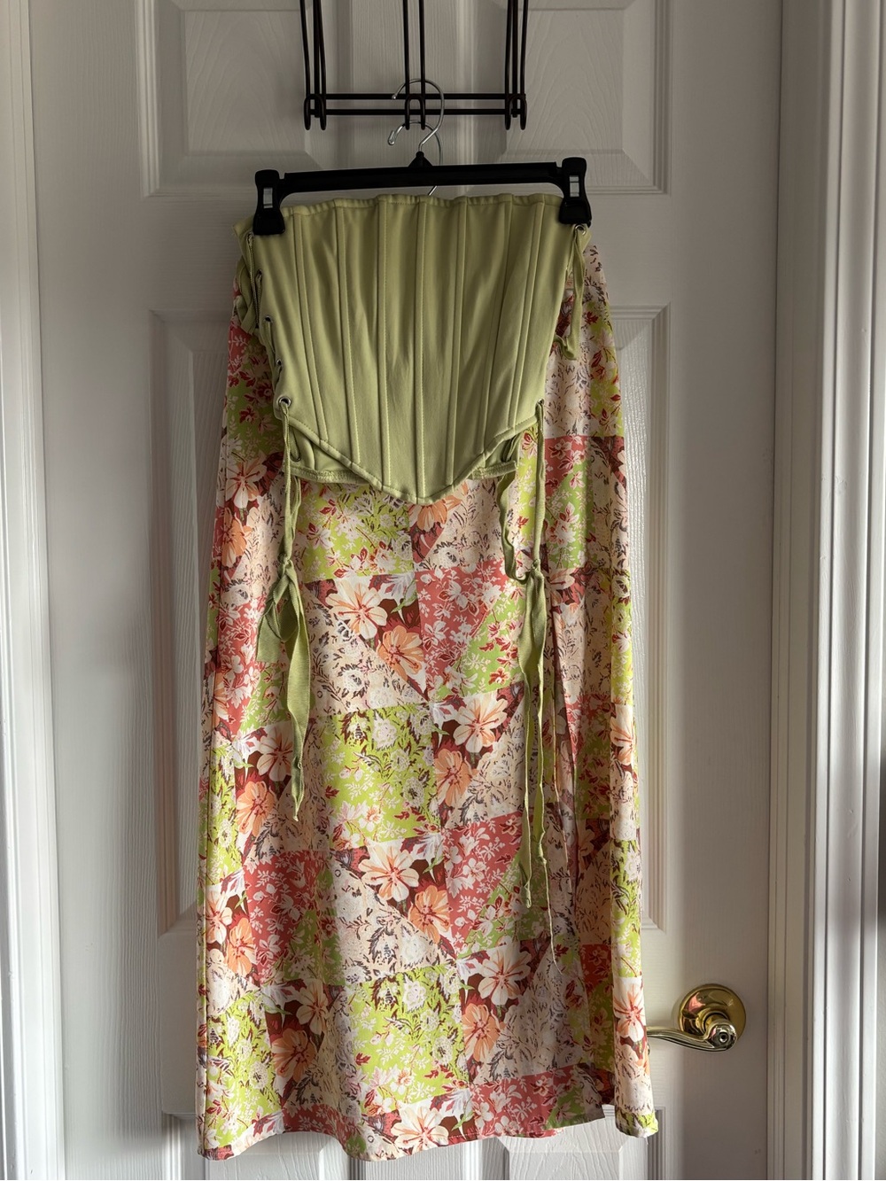 Green Crop Corset Top and Long Floral Skirt Vacation Set